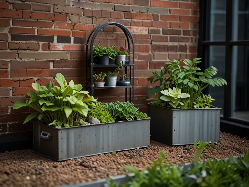 Urban industrial micro-garden featuring raw materials, repurposed containers, metal accents, and resilient plant selections suited for modern living spaces