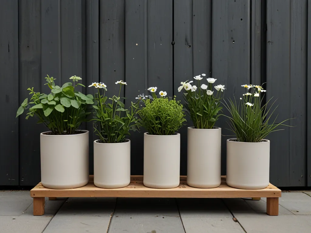 Scandinavian natural micro-garden with light-colored containers, trailing plants, and airy compositions inspired by Nordic design principles