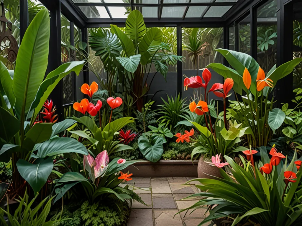 Tropical paradise micro-garden with lush vibrant arrangements featuring exotic foliage, colorful blooms, anthurium, philodendron, and miniature palms creating immersive tropical environment