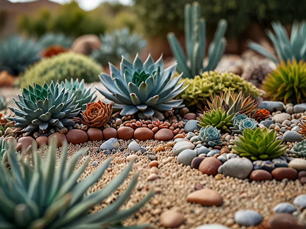 Desert oasis micro-landscape with drought-resistant succulents, cacti, echeveria, haworthia, and arid-adapted plants arranged with artistic precision